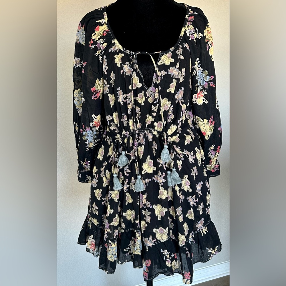 Free People Black Floral Boho Mini Dress Pockets Cottagecore Fairycore XS